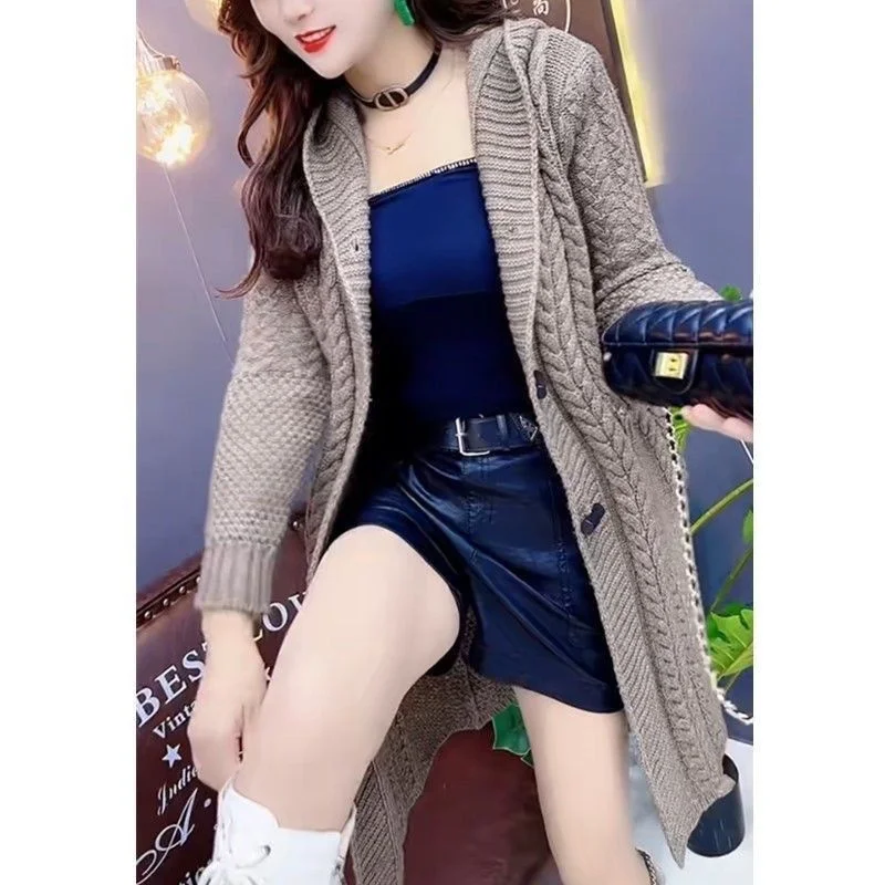 2024 Hooded Wool Knitted Cardigan Coat Women Autumn Winter New Long Jacket Heavy Jacquard Outwear Large Size Sweater Tops Female