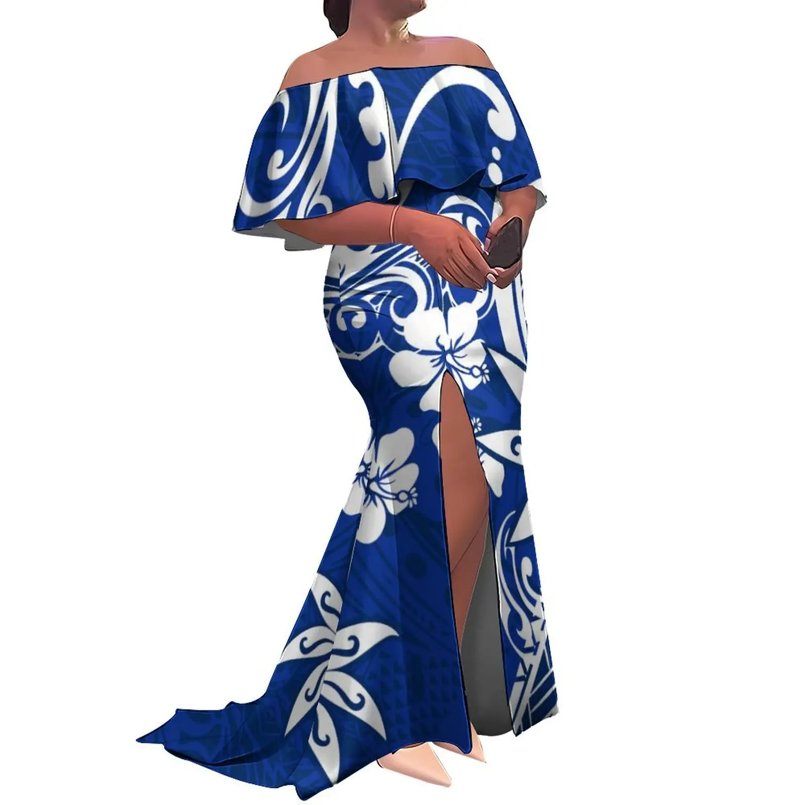 Livre de impostos logotipo personalizado senhoras fishtail vestido de noite polinésia babado fora do ombro divisão sereia longo maxi vestido da nova zelândia