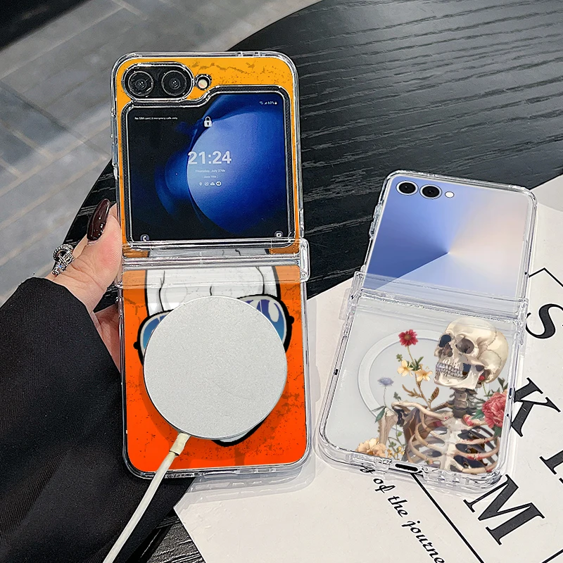 Creative Skull Pattern Magnetic Phone Case For Samsung Galaxy Z Flip 7 FE 7 6 5 4 Flip7 Flip6 Flip5 For Magsafe Hard Back Cover