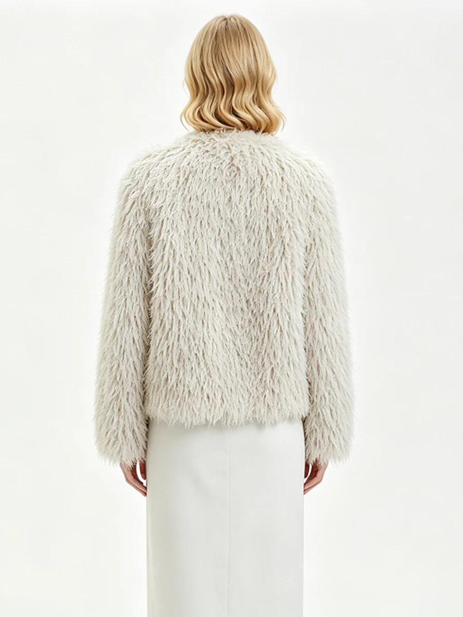 PUAL Women  Faux Fur Short Jacket V‑Neck Single Button Long Sleeve Curly  Plush Coat Loose Fit Winter Ladies Outerwear