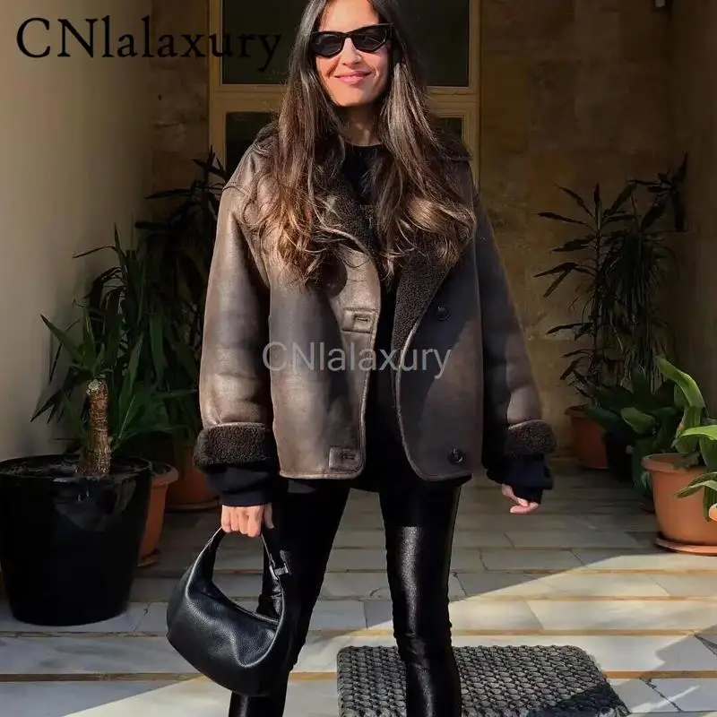 CNlalaxury Women Fashion Winter New Faux Fur Fleece Jacket Long-Sleeved Lapel Chic Female Single-breasted Warm Short Coats Mujer