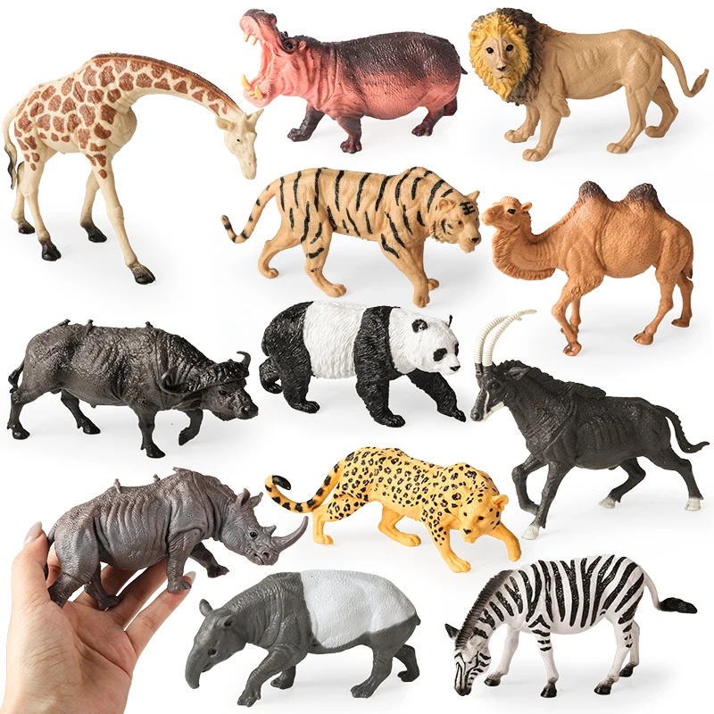 Oenux 12pcs Wild Animals Lion Tiger Camel Tapirus indicus Antelope Zebra Action Figures Model Figurines Home Decor Kids Gift Toy