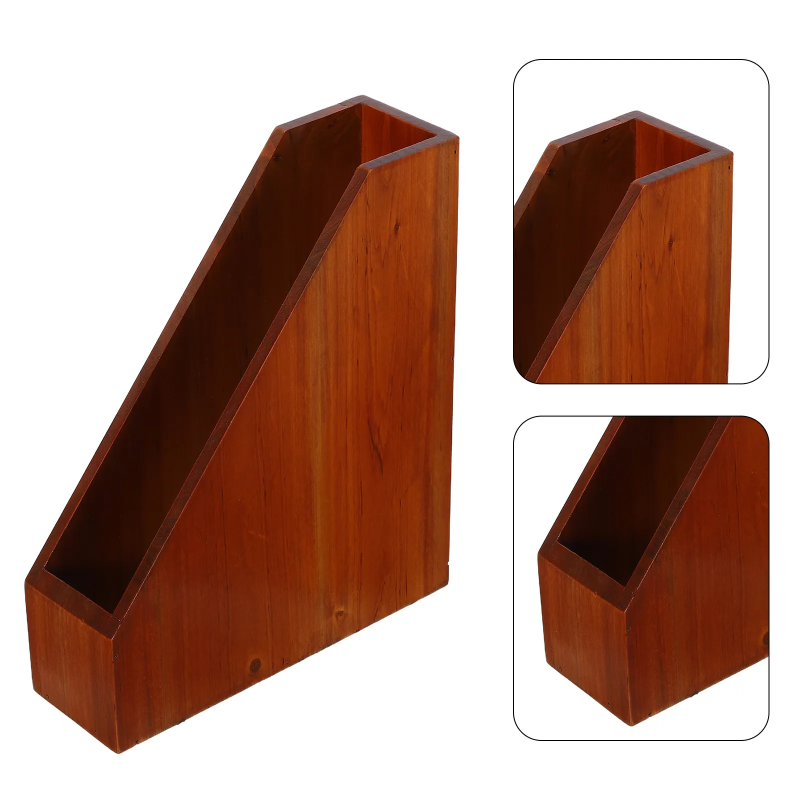 Brown Wooden Magazine File Holder Rustic Desktop Bookshelf Organizer Document Rack Office Paper Folder Sorter Desk Storage Shelf