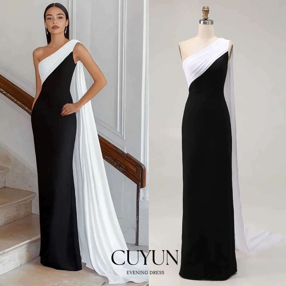 

CUYUN One Shoulder Women Evening Dresses Black and White Customized Floor-Length Straight Long Prom Gown Birthday Party Dresses