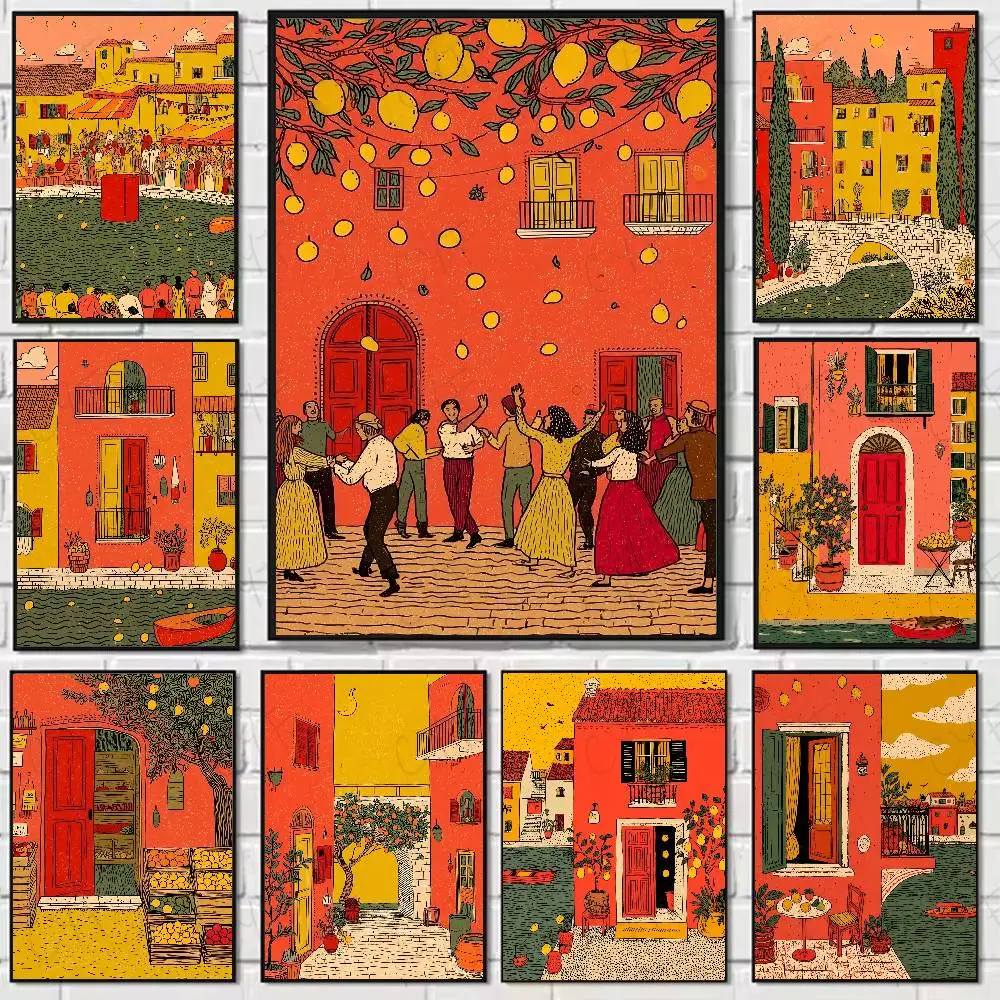 

Orange Village Landscape Poster Wall Art Painting Sticker For Home Room Decoration Bedroom Decor Waterproof Posters
