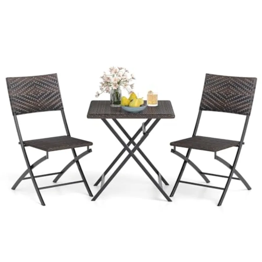 

3 Piece Outdoor Folding Bistro Set Patio Portable Foldable Dining Table and Wicker Chairs with Metal Frame Mix Brown for Backya