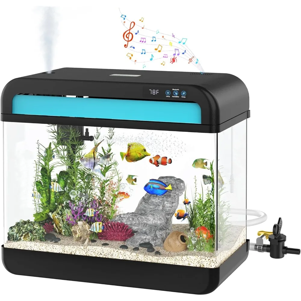 Fish Tank Aquarium 6.3 Gallon with Bluetooth Music Humidifier 7 Color Auto-Looping Light Adjustable Pump with Filtration