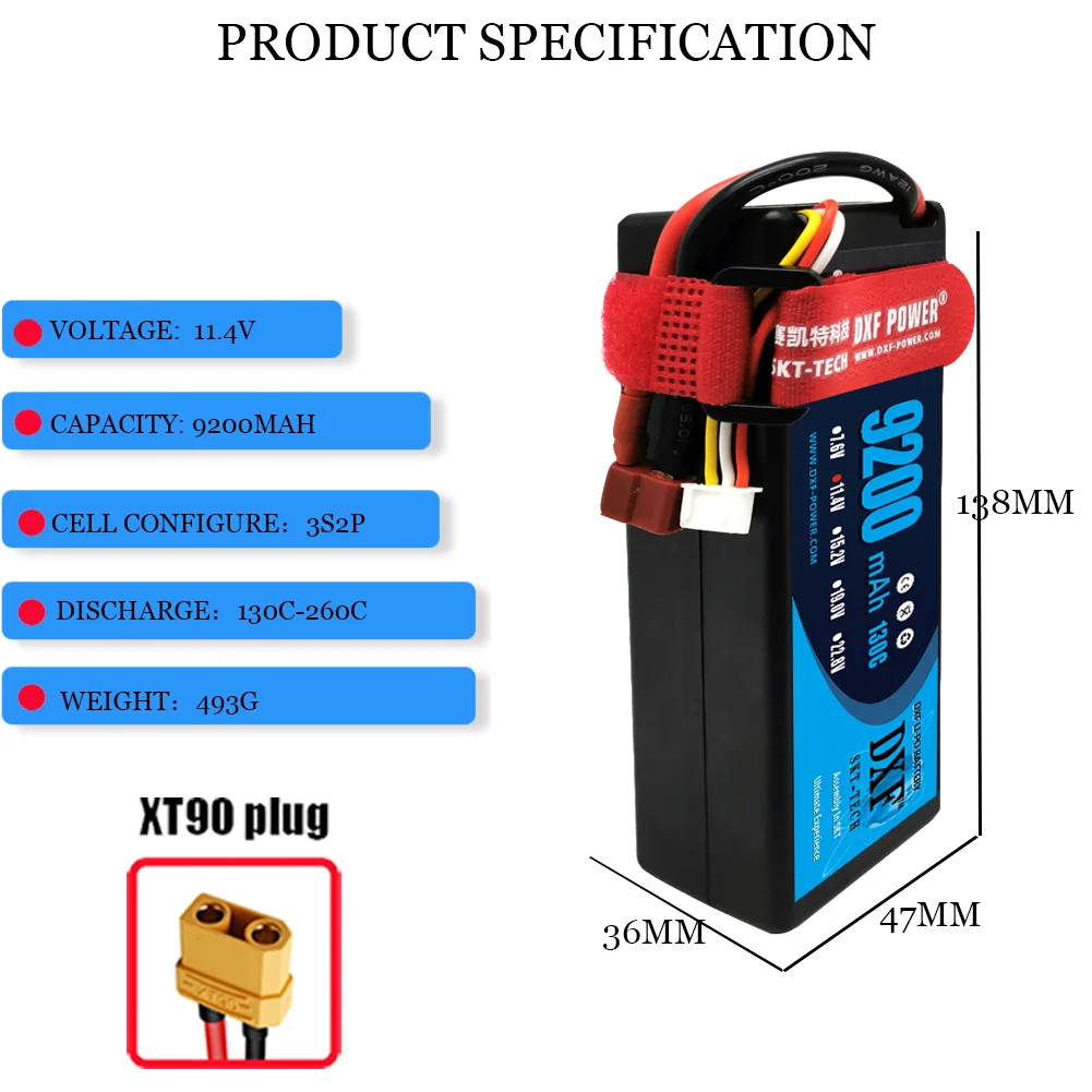 DXF 3S Lipo Battery 11.4V 130C HV 9200mAh with XT90 Plug Hardcase for 1/8 Buggy Truggy Offroad Car Boat Truck Airplane UAV RACIN