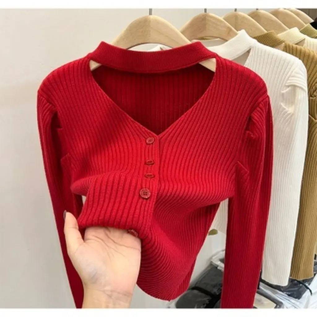 가을 겨울 레드 긴팔 브이넥 니트웨어 슬림 핏 홀터 탑 패셔너블한 이너웨어 스타일 여성 패션