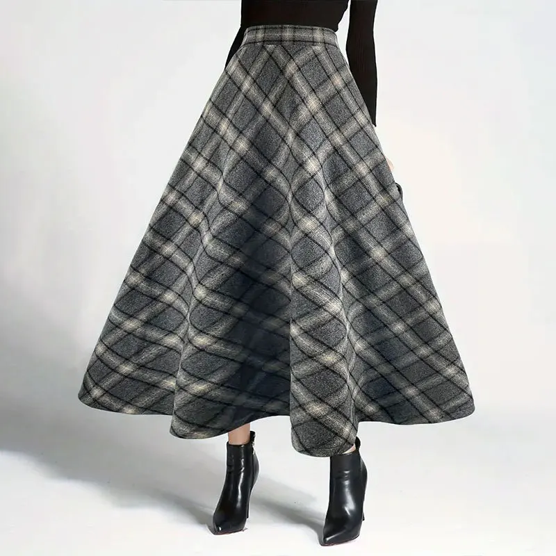 

Women's Autumn and Winter Plaid Woolen Skirt, Thick Retro Plus Size A-line Skirt, High Waist Long Style