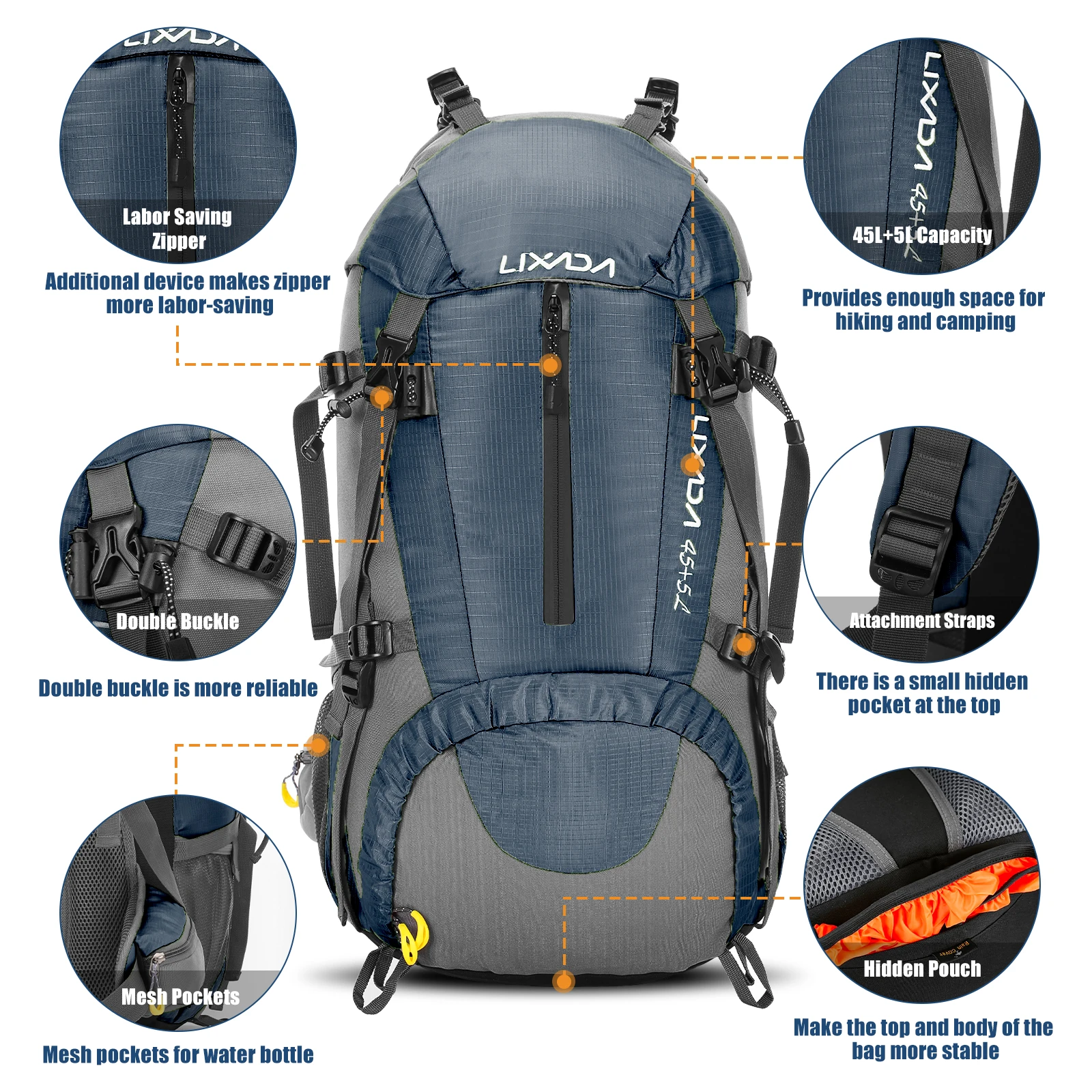 Lixada 50L Waterproof Climbing Bag with Rain Cover Nylon Rucksack Outdoor Sport Backpacking Camping Travel Trekking Bag Knapsack