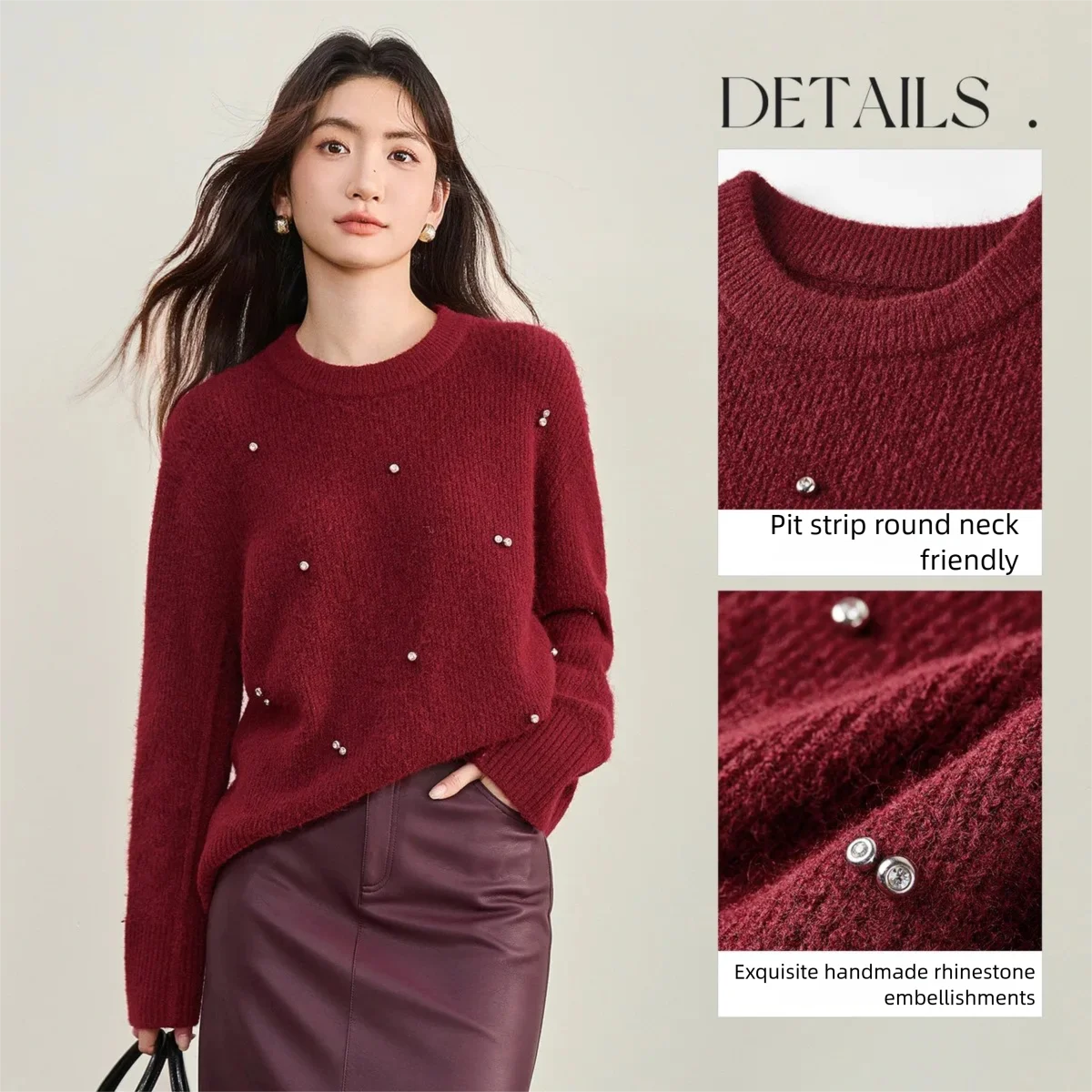 SENTUBILA المرأة رداء علوي من الصوف البلوز 2025 الخريف ركاب اليدوية حجر الراين س الرقبة فضفاضة خفيفة الوزن محبوك W53EE3375