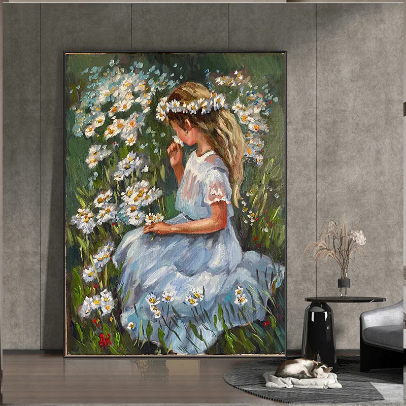 

Daisy Flower Girl Oil Painting Leaf Landscape Posters and Prints Abstract Figures Canvas Painting for LivingRoom Home Decoration