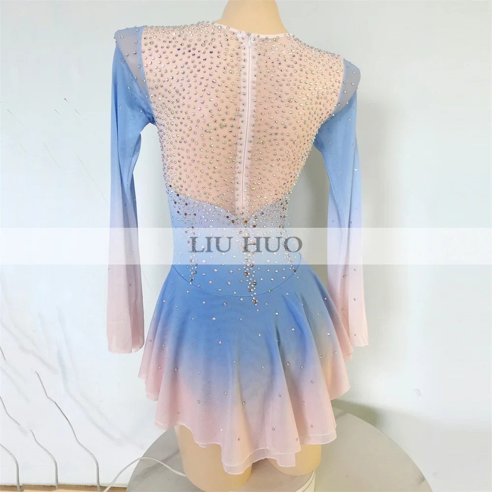 LIUHUO Ice Dance Figure Skating Dress Women Adult Girl Teen Customize Costume Performance Competition Leotard Gradient Blue Pink