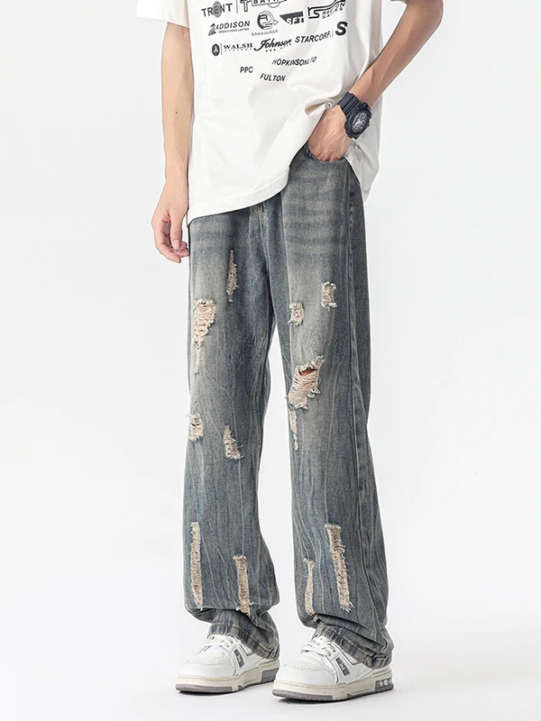 

Retro American High Street Men's Summer Straight Loose Wide Leg Jeans Casual Hole Punching Cool Sle Casual Pants