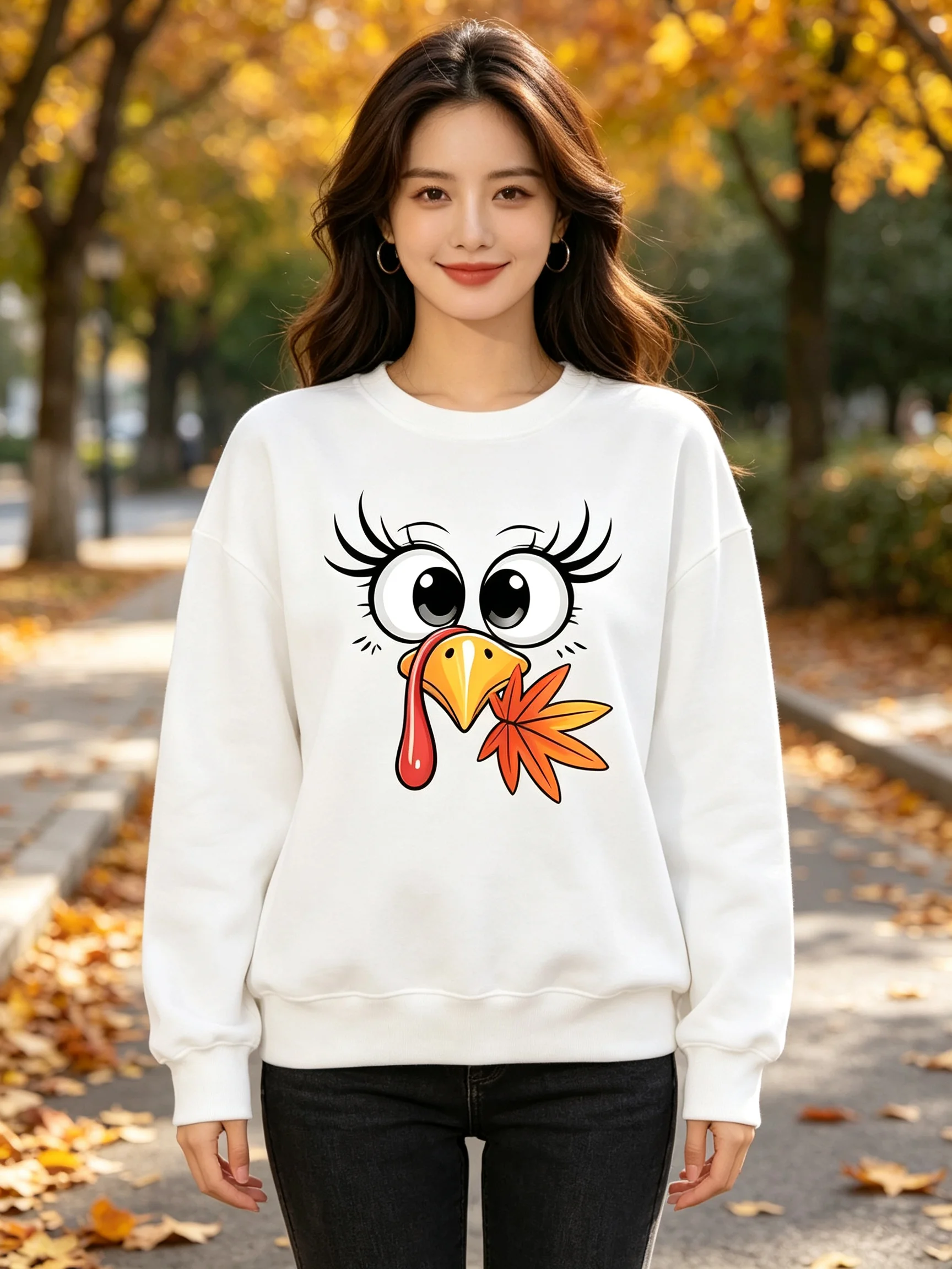 Casual Women Crew Neck Sweatshirt Cute Cartoon Turkey Face Maple Leaf Print Thanksgiving Loose Fit Pullover Long Sleeve Tops