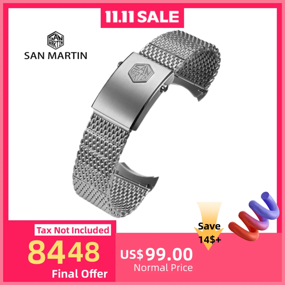 

San Martin Flexible Milanese Mesh Bracelet 20mm Brushed Silver Steel Watch Band Fly Adjust Foldover Clasp SN0054F Luxury Classic