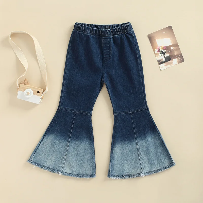 

New 2024 Spring Autumn Girls Casual Jeans Bell Bottom Trousers Kids Fashion Gradient Stretch Denim Flare Pants Children Clothing