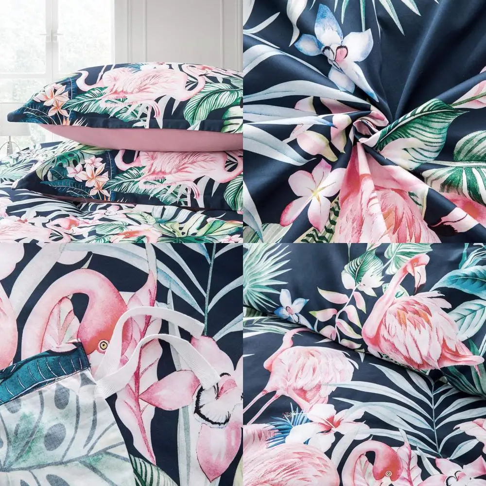 

Tropical Island Palm Leaves Duvet Cover & Pillowcases Set - Exotic Flowers, Trees, Birds, Jungle Plants | Modern Botanical Navy