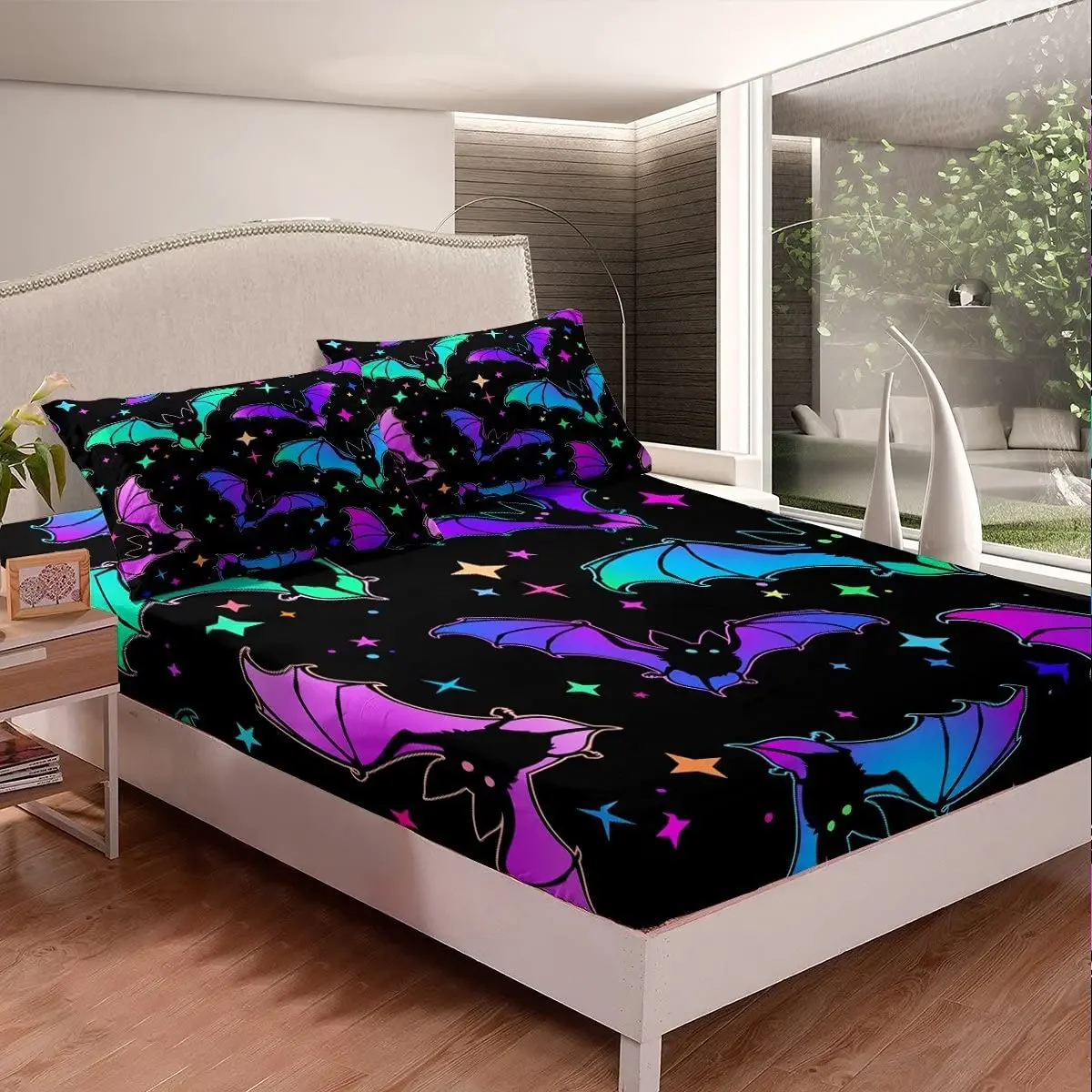 

Halloween Fitted Sheet Twin,Cartoon Rainbow Spooky Bats Bed Sheets,Neon Bats Stars Bedding Set Halloween for Kid Boy Girls Teens