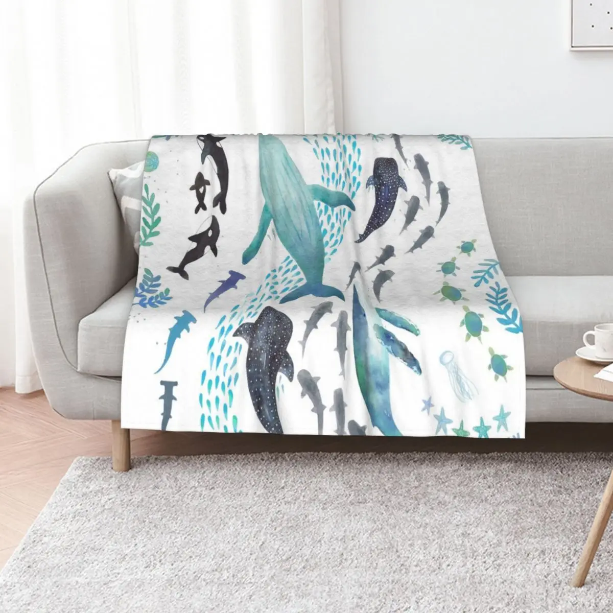 Sharks, Humpback Whales, Orcas & Turtles Ocean Play Print Throw Blanket Sofas Stuffeds Furry Travel for winter Blankets