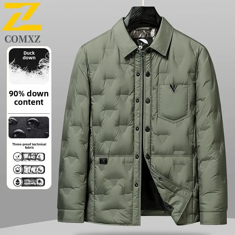COMXZ Mens Down Jacket Premium Lapel Business Casual Ultra Light Puffer Coat Single Breasted Design Comfort Warm Winter Jackets