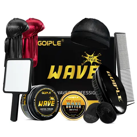 GOIPLE Wave Kit for Men with Wave Control Pomade, Wave Butter and Curved Wave Brush, Complete 360 Wave Styling Set