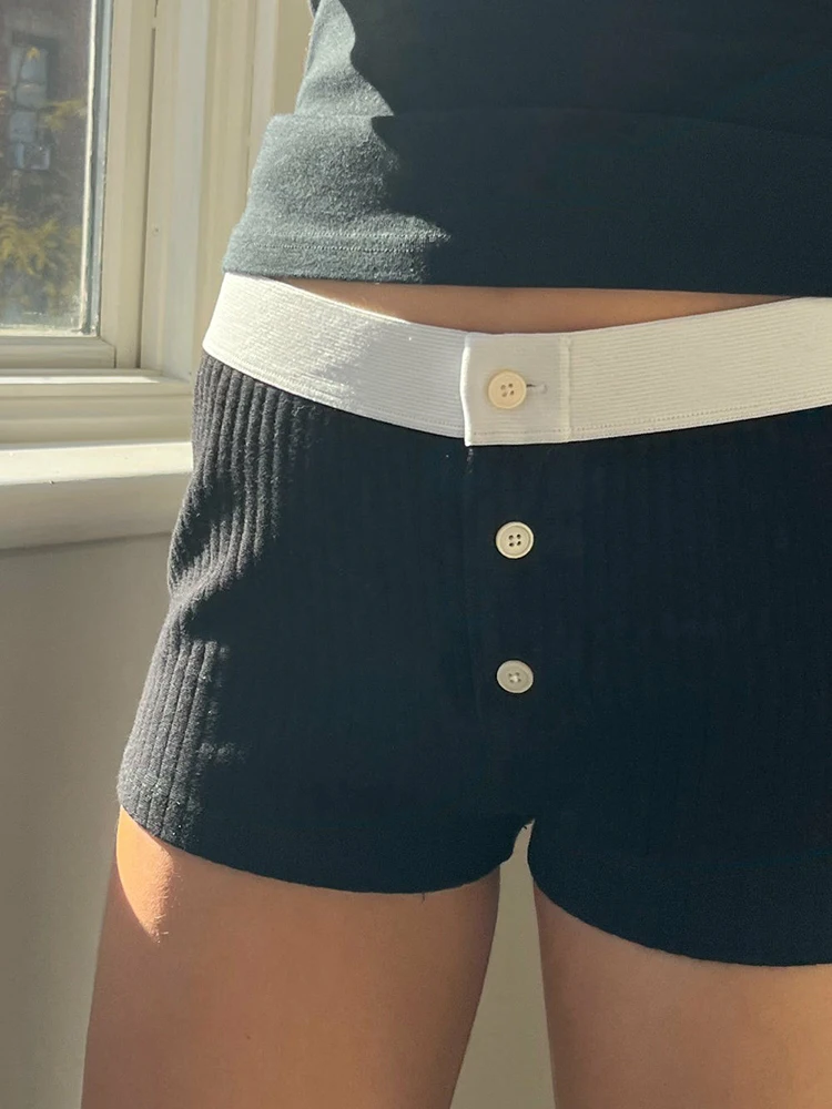 Short de survêtement Vintage en coton côtelé pour femmes, pantalon court décontracté, Patchwork, taille haute, Streetwear, Slim, Y2k, été