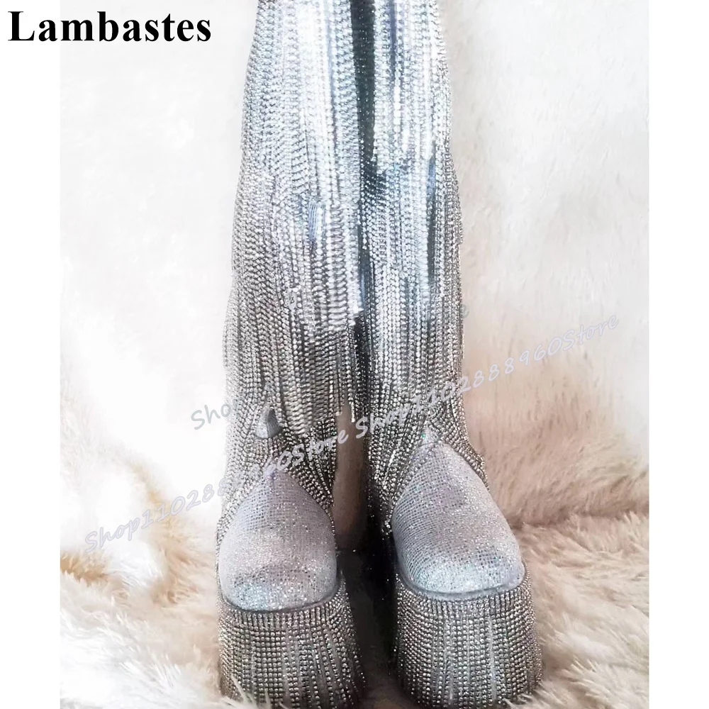 

Mid Calf Silver Bling Crystals Tassels Thick Soled Boots Wedges Heel Women Shoes Side Zipper Round Toe Pink Style Trendy Boots
