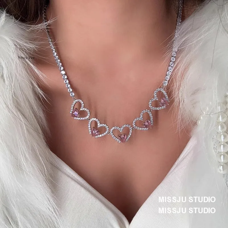 Yessy Vee Women Pink Diamond Hollow Out Heart Necklaces Short Korean Brief Love Zircon Diamond Choker Necklaces New Arrival