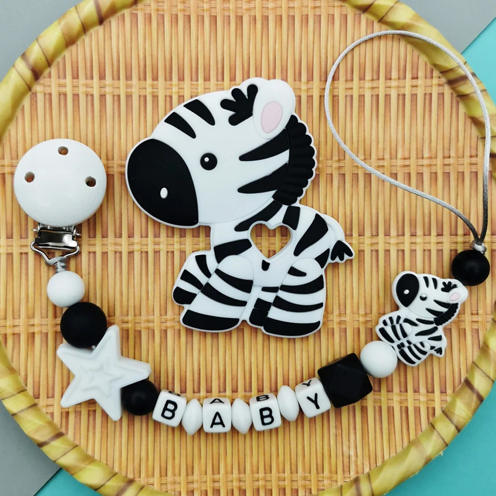 

Custom English Letter Name Baby Silicone Zebra Beads Pendant Pacifier Clips Chains Chew Teether Baby Pacifier Kawaii Toy Gifts