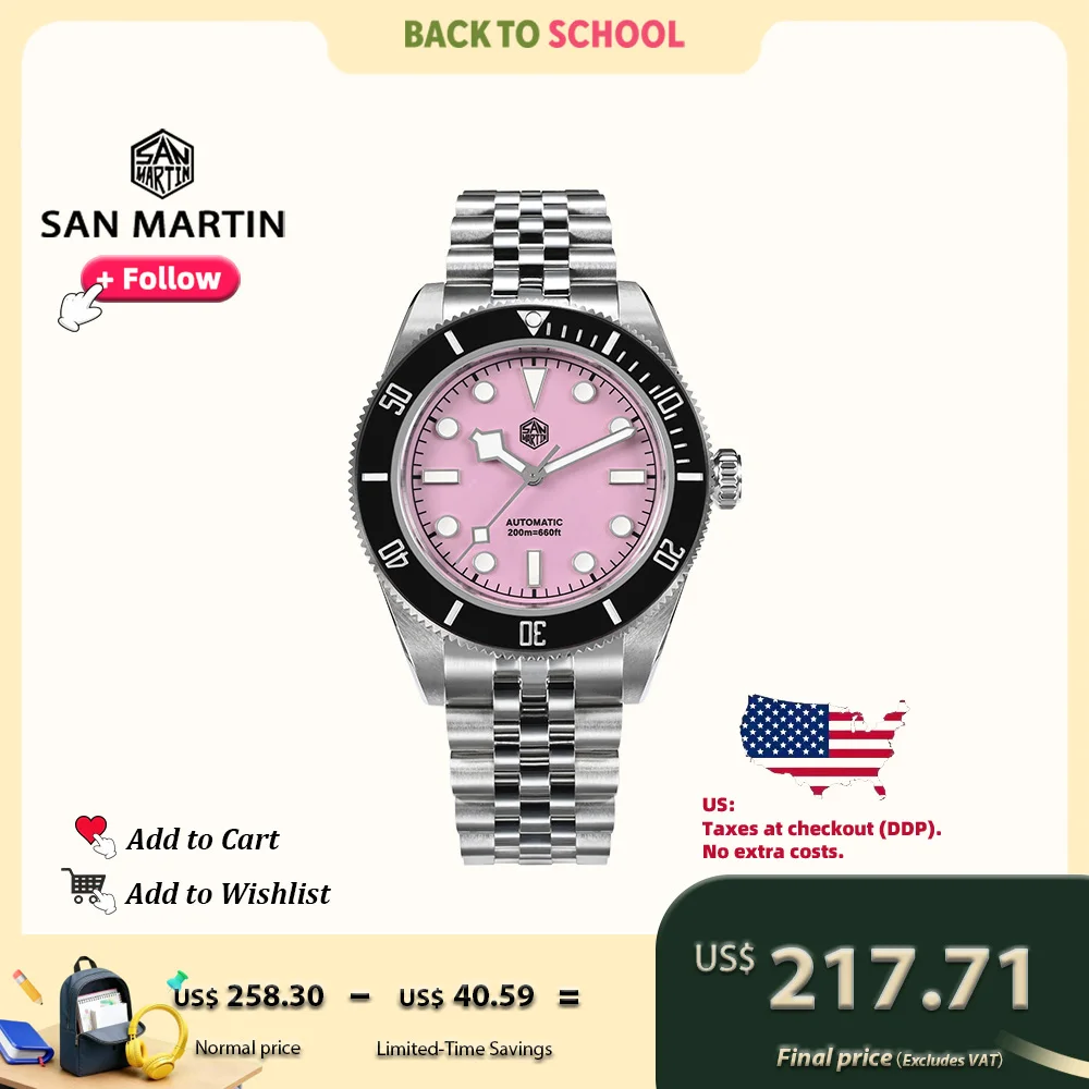 

San Martin 40mm Diver Watch Pink Dial Stainless Steel NH35 Automatic Mechanical Watches for Men Sapphire Waterproof 200m SN0128
