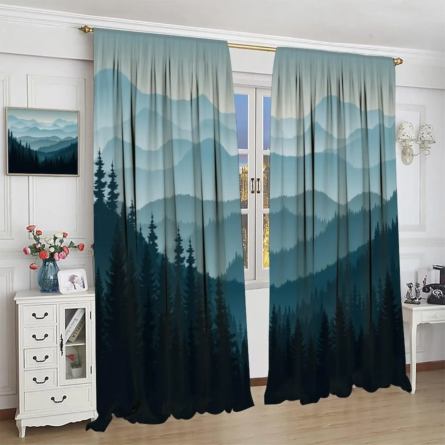 Cortinas opacas de montaña, bosque brumoso, naturaleza, bosque, paisaje, arte impreso para sala de estar, dormitorio, cocina, decoración, barra