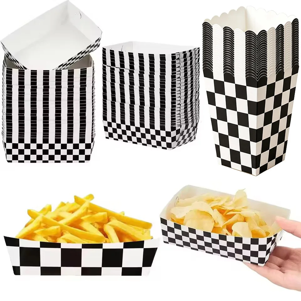 6-60Pcs Checkered Paper Food Trays Racing Party Food Boat Black and White Popcorn Trays Race Car Theme Birthday Party Supplies