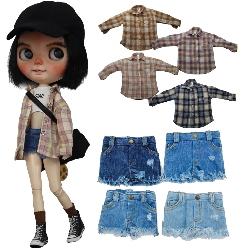 Blythe Doll Clothes Plaid Shirt Jeans Short Pants for Ob24 Ob22 Azone Doll Outfit Denim Pants