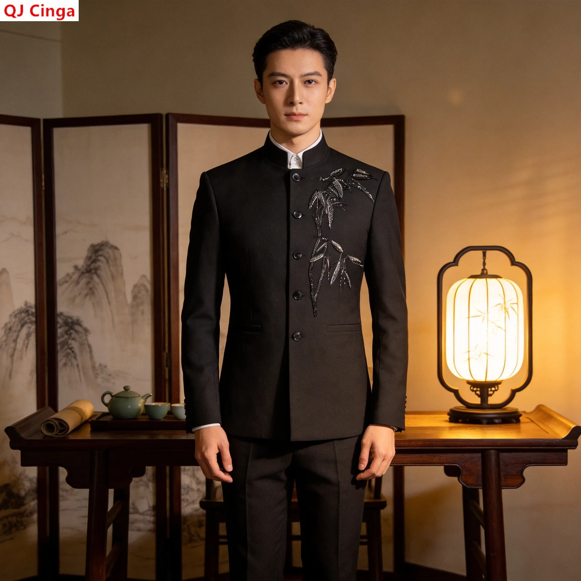 New Fall Collection of Men's Two-piece Suits: A Black Chinese-style Stand-up Collar Blazer Paired with Slacks. Asian Sizes M–6XL