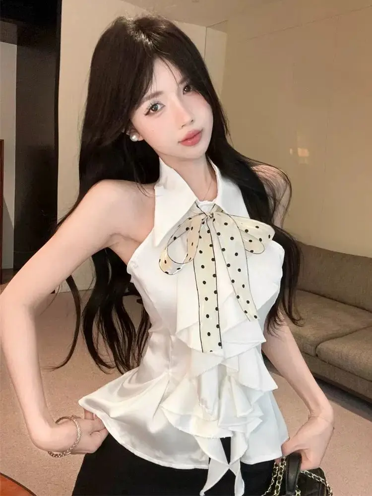 

Новая летняя женская блузка без рукавов с завязками на шее, в стиле «Лотос», с волнистым краем и точечным узором, для повседневной носки