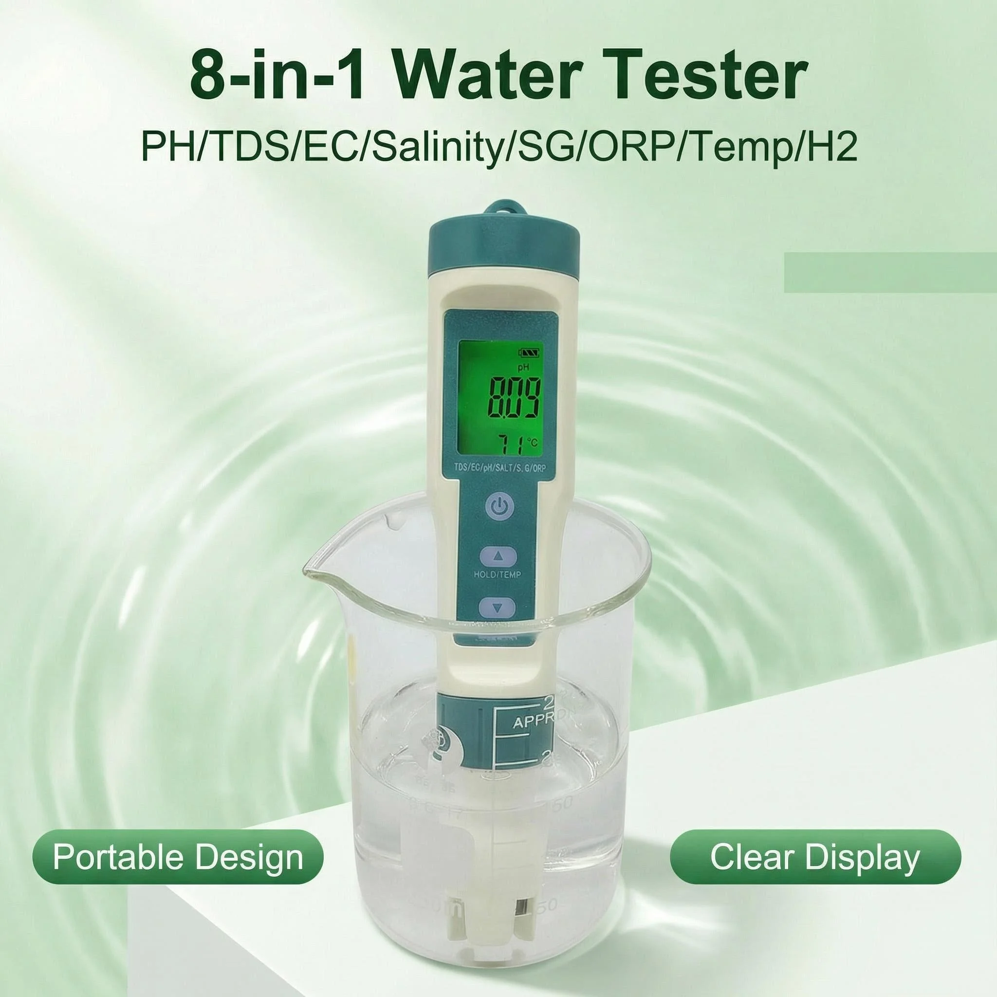 

8-in-1 Portable Water Quality Tester PH TDS EC Salinity SG ORP H2 Temperature Meter for Swimming Pool Fish Tank Hydroponics