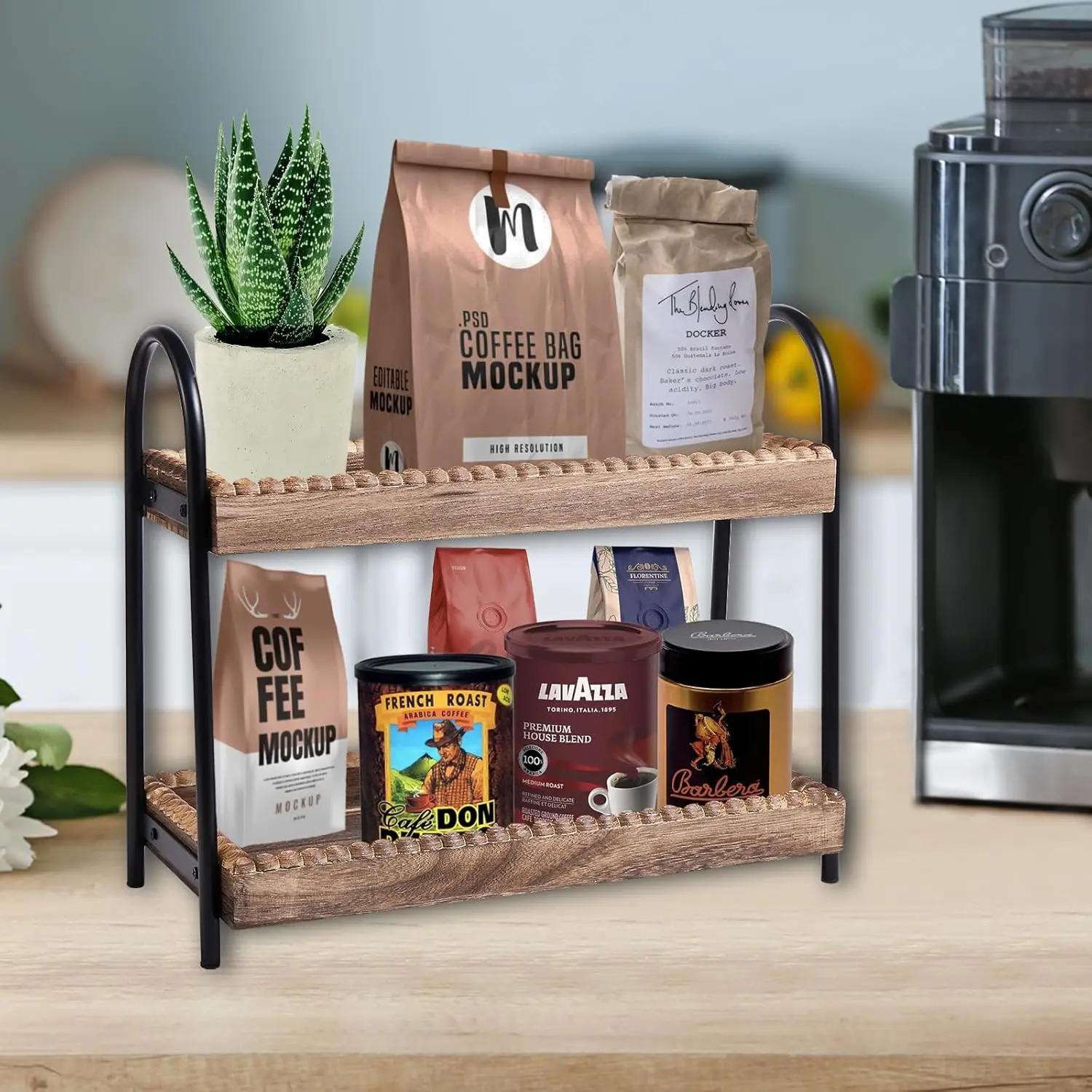 

Bathroom Countertop Organizer, 2 Tier Vanity Organizer and Storage for Cosmetic Skincare Perfume, Wood Bead Storage Shelf for