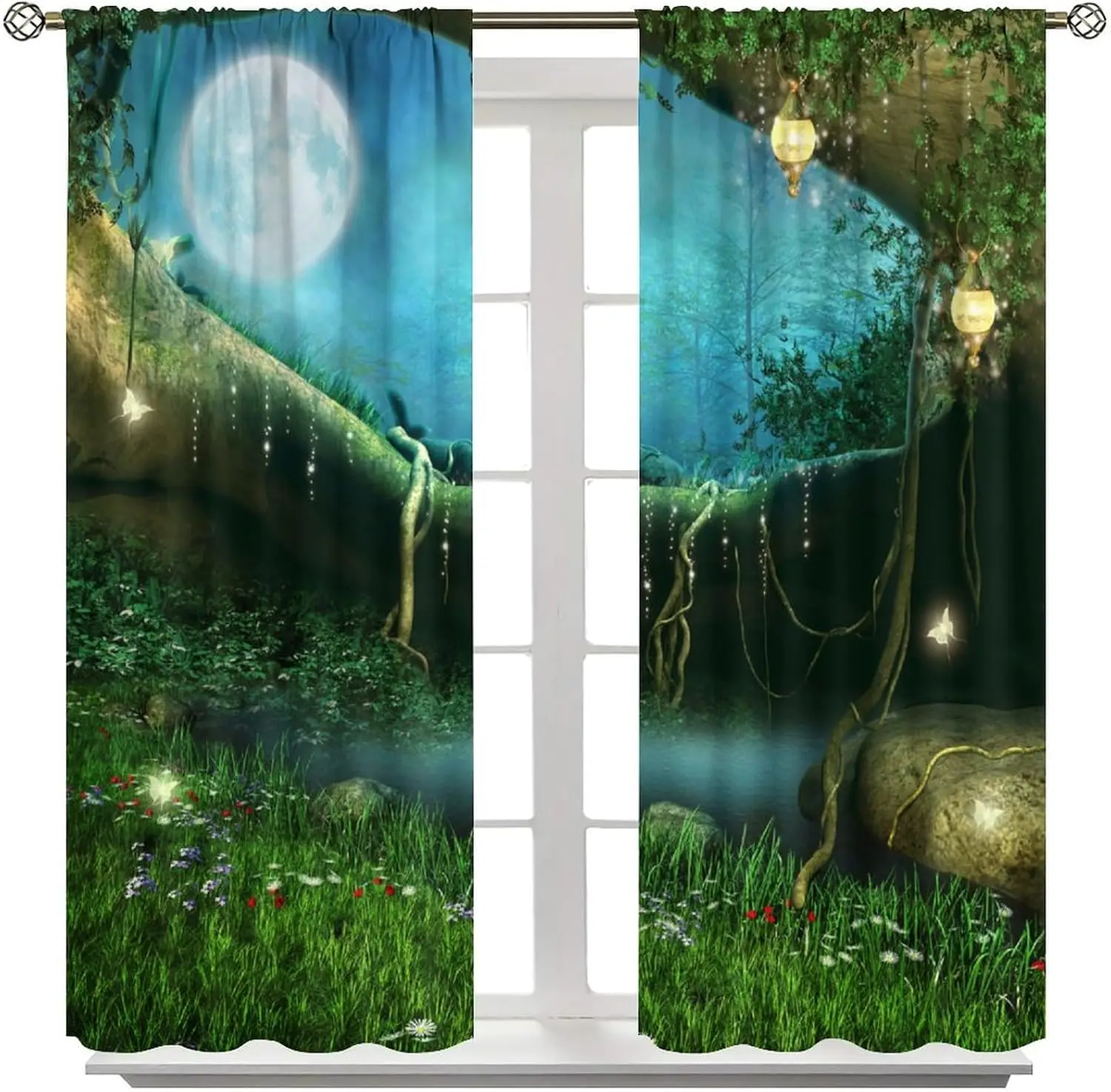 Fairy Tale Moon Wood Theme Curtain 2 Panels Glow Firefly Wild Flower Vine Pond Moss Teal Base Living Fantasy Home Curtains