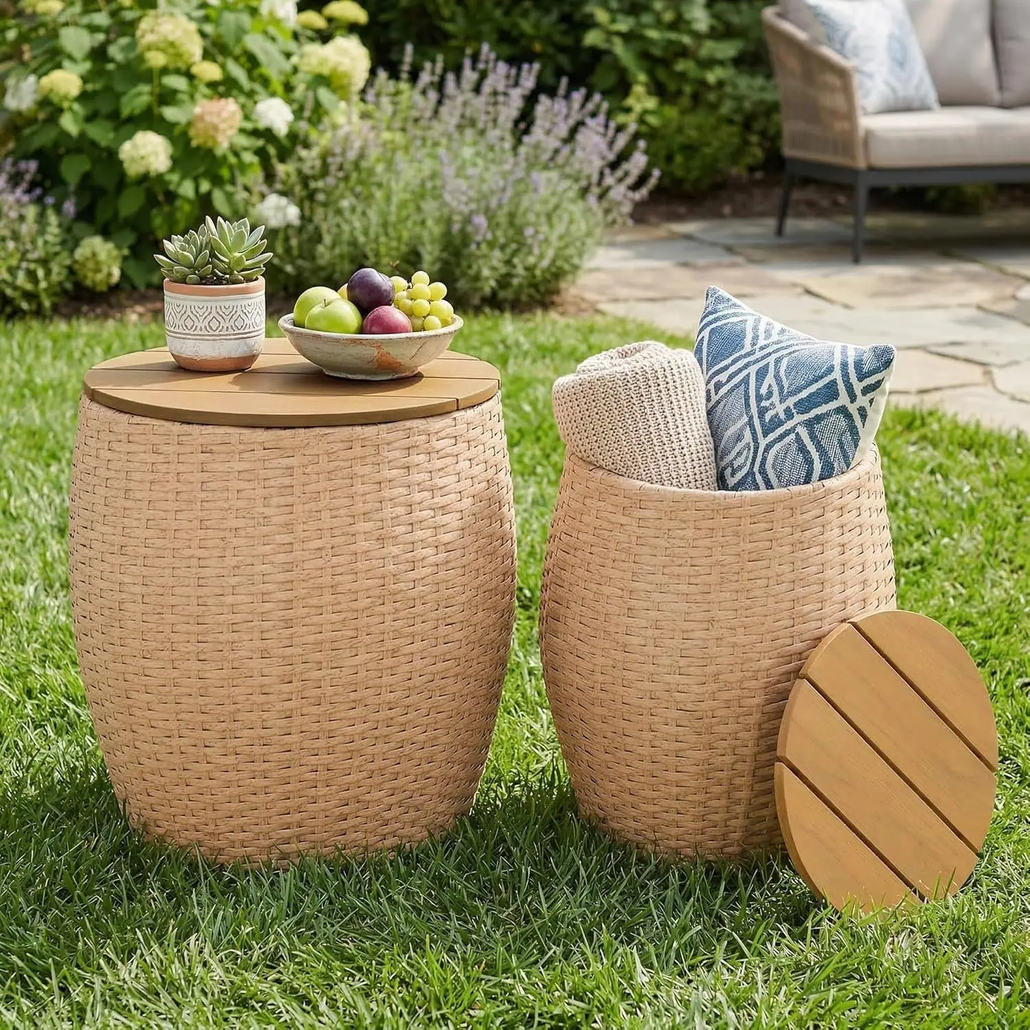 Juego de 2 mesas auxiliares, mesas auxiliares redondas de mimbre para patio con cesta de almacenamiento, mesa auxiliar de ratán para patio, porche, personalizable