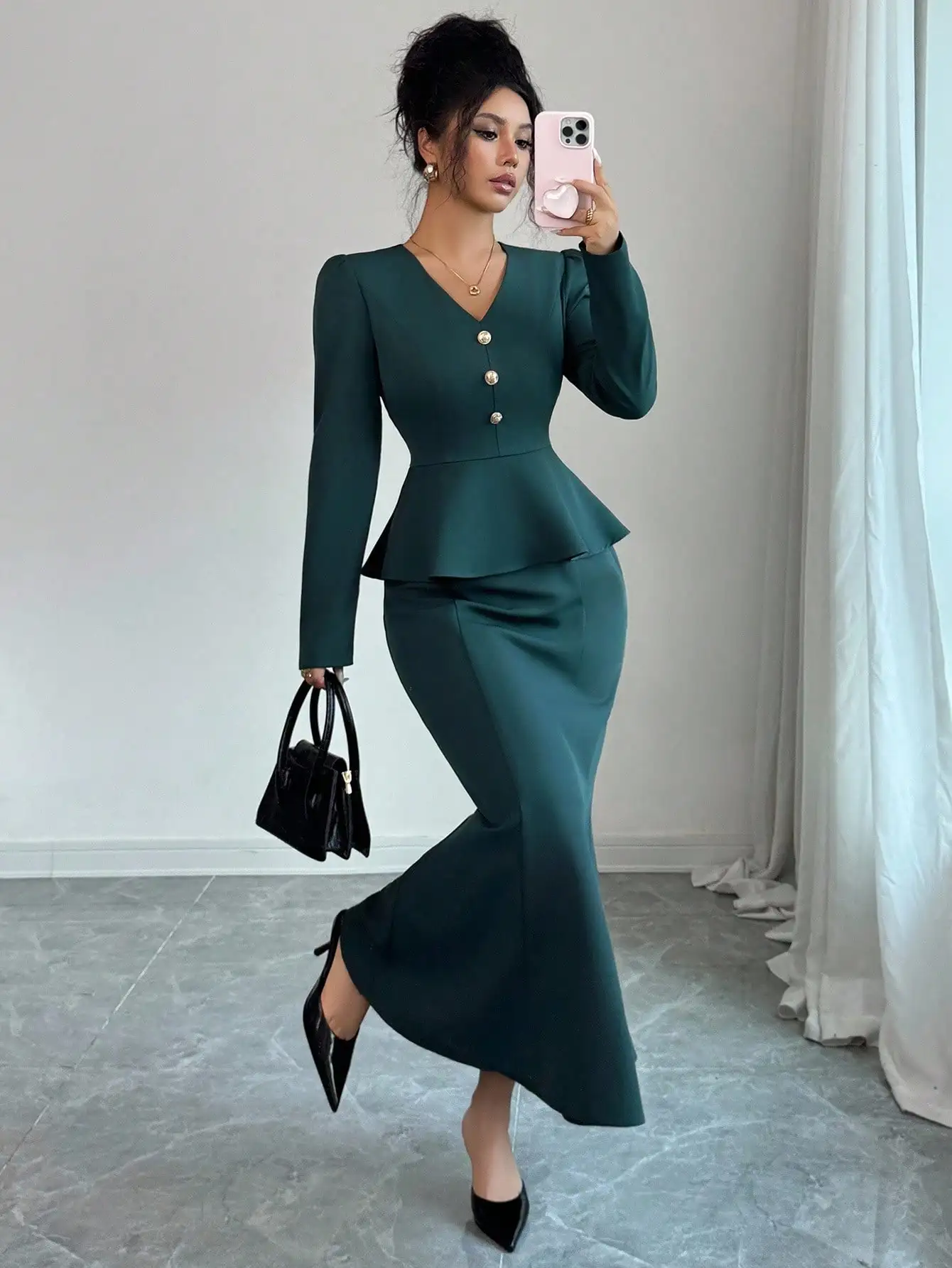 

Элегантный зеленый топ на пуговицах с баской и юбка-русалка, комплект из 2 предметов для офиса, осень/зима, День благодарения, одежда для учителей