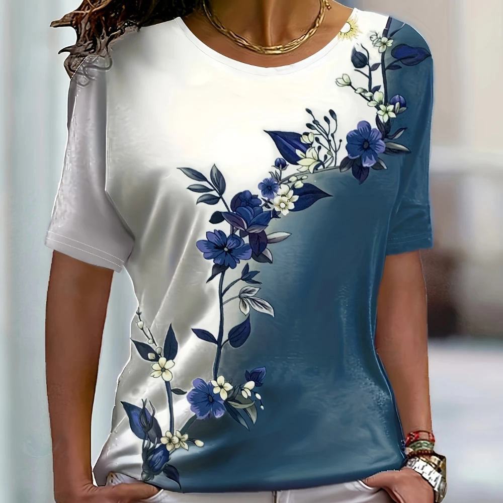 Chic Blossom Colorblock Tee - Casual Comfortable Short Sleeve, Crew Neck Ideal For Spring/Summer -Womens Fashion T-shirt