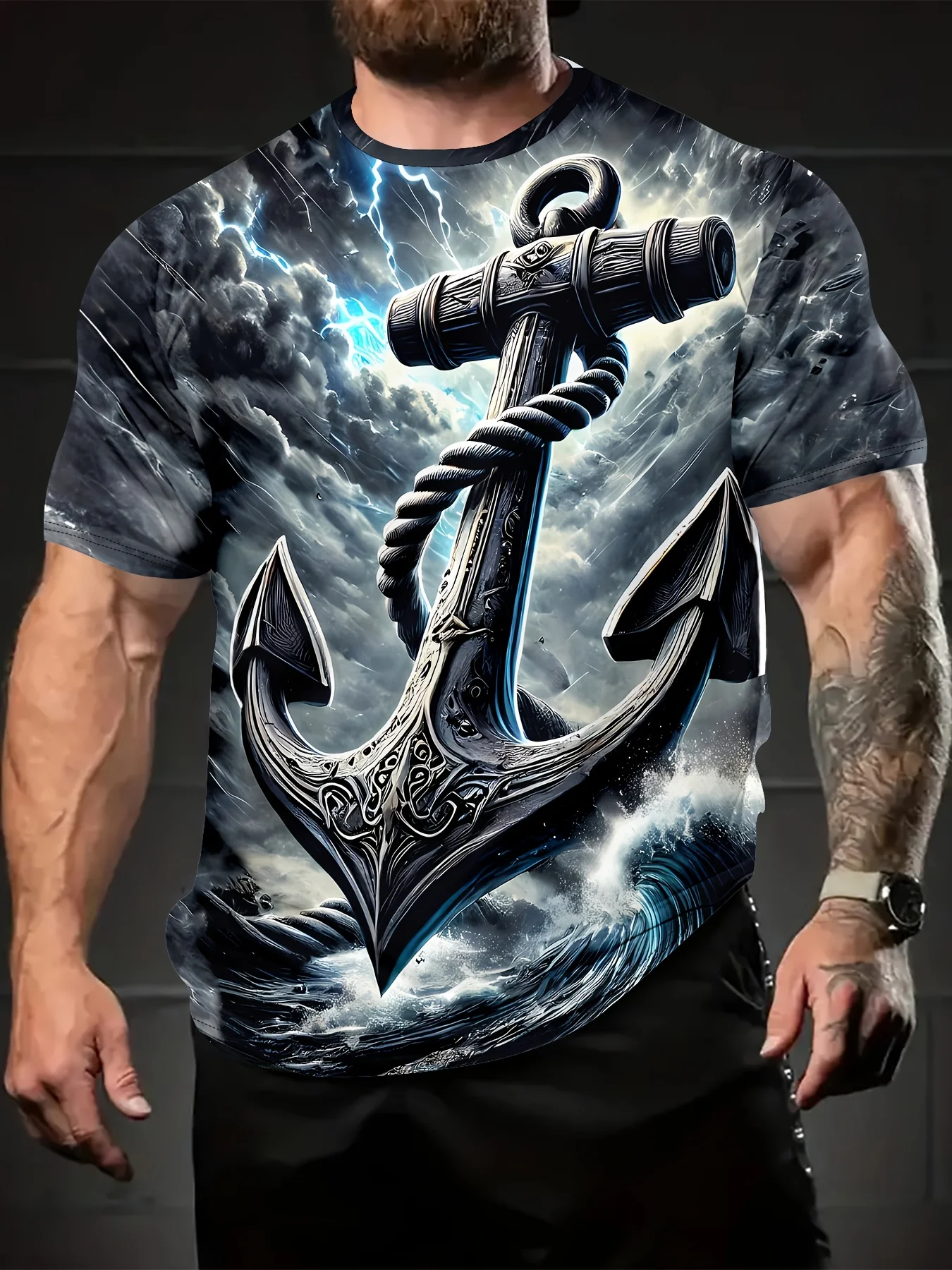 Men's Thunder Anchor Wave Marine Print T-Shirt Casual O-Neck Short Sleeve Nautical Graphic Tee Tops