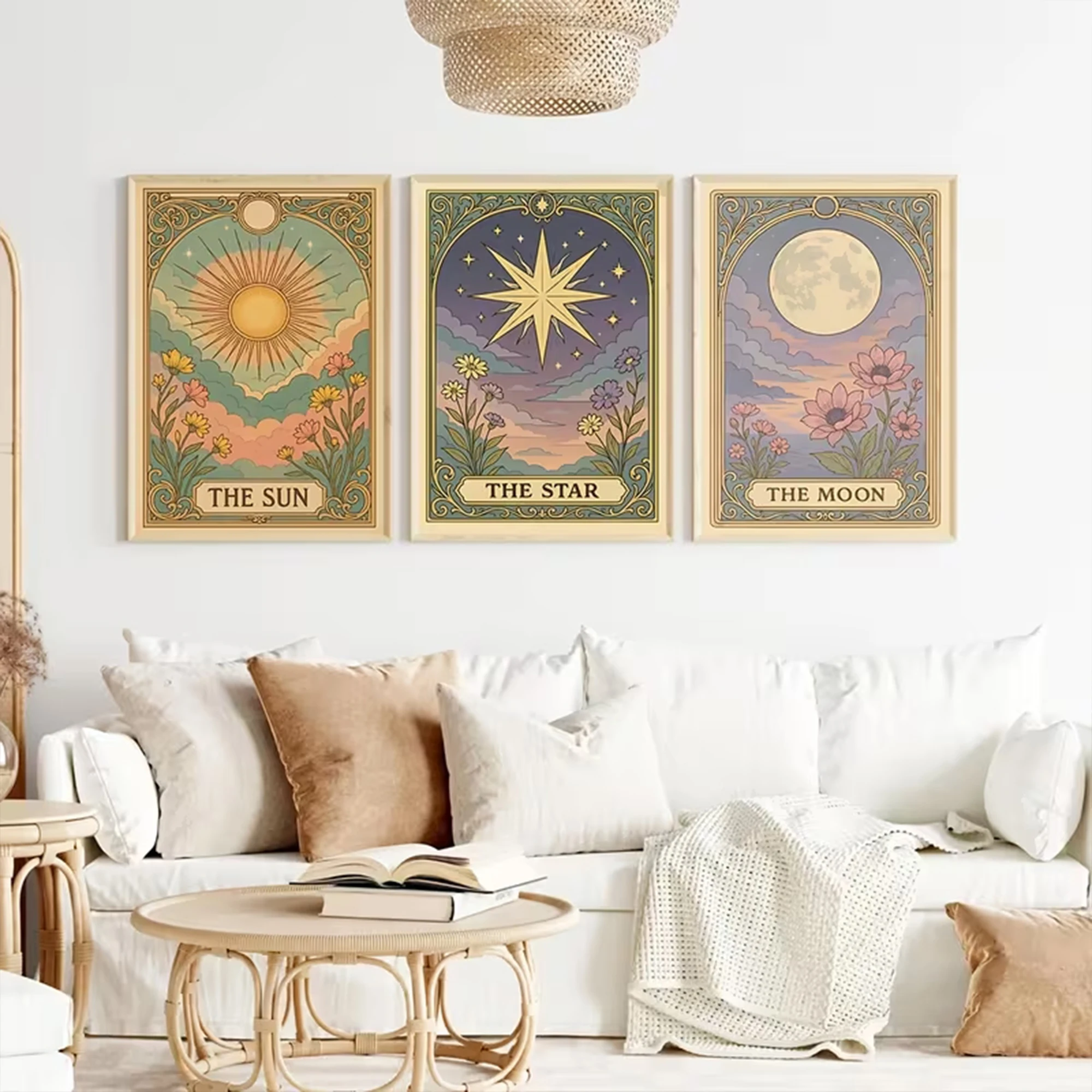 モダンなボヘミアン調のタロットカード「太陽、星、月」の壁掛け - Interior Design Living Room のレビューと価格