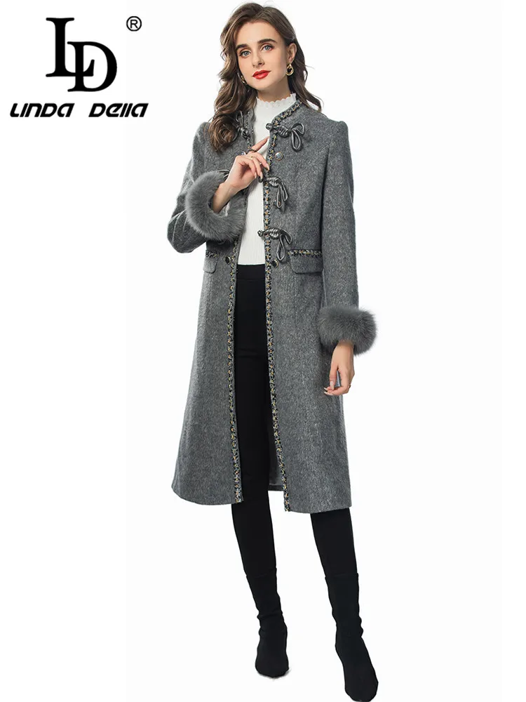 

LD LINDA DELLA Autumn and winter Vintage Designer Coat Women Grey Stand Collar Single-breasted Pocket S-3XL Long Coat