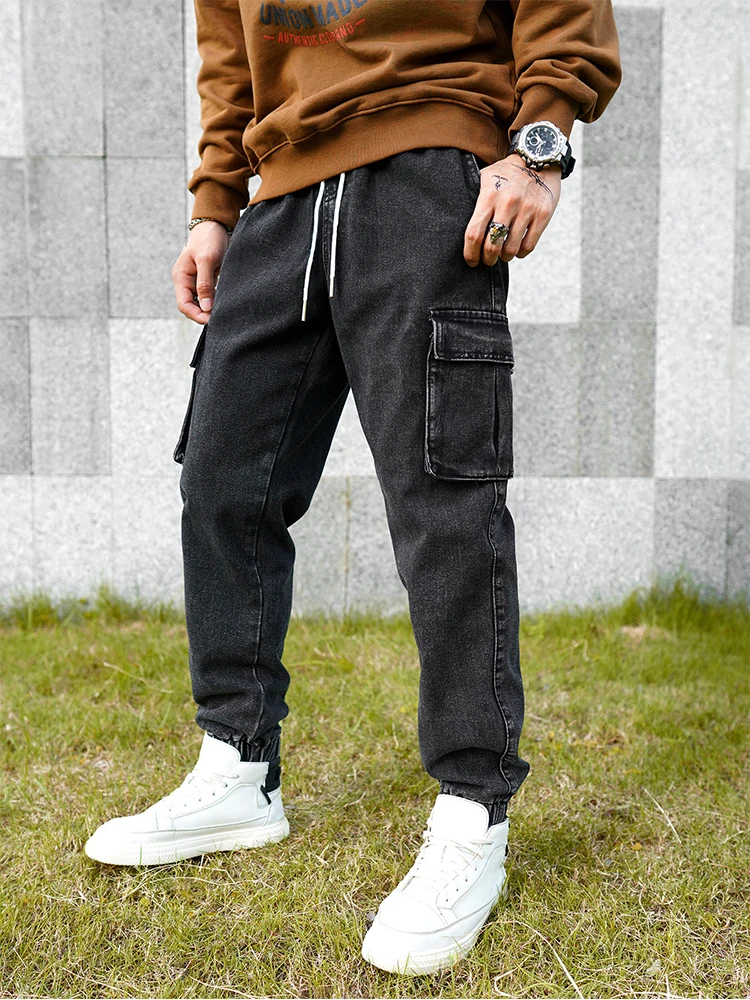 Men's dark gray cargo pants, fashionable street cuffed - bottom cargo pants, minimalist trendy men's jeans