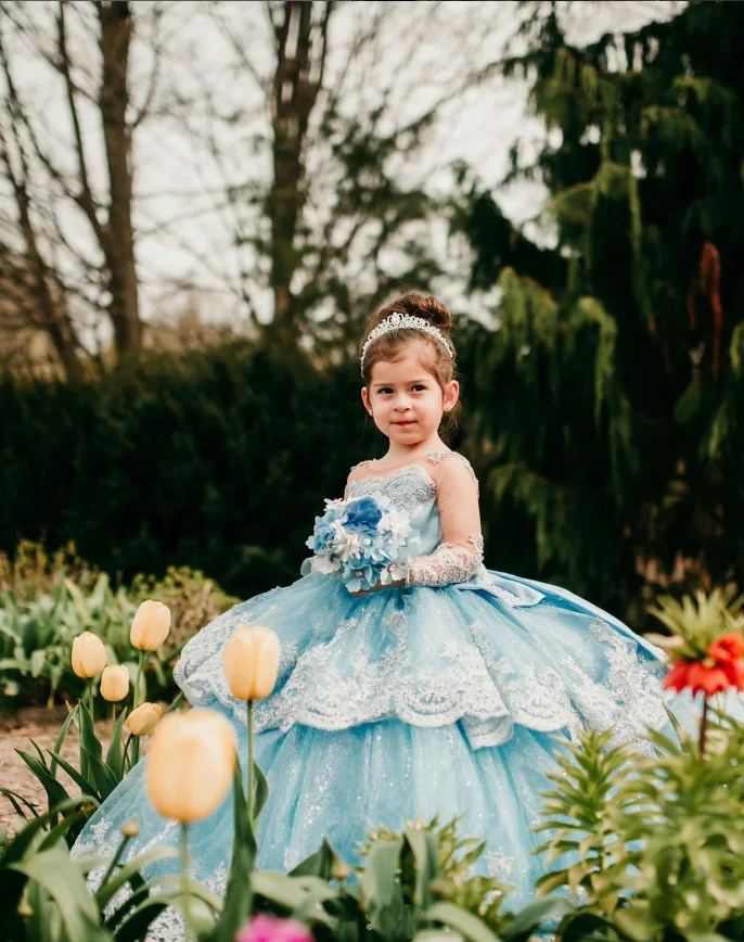 Luxurious Light Blue O Neck Mini Quinceanera Dresses Delicate Sequin Appliqué Sparkling Beaded Pleated Tulle Tiered Flower Girl