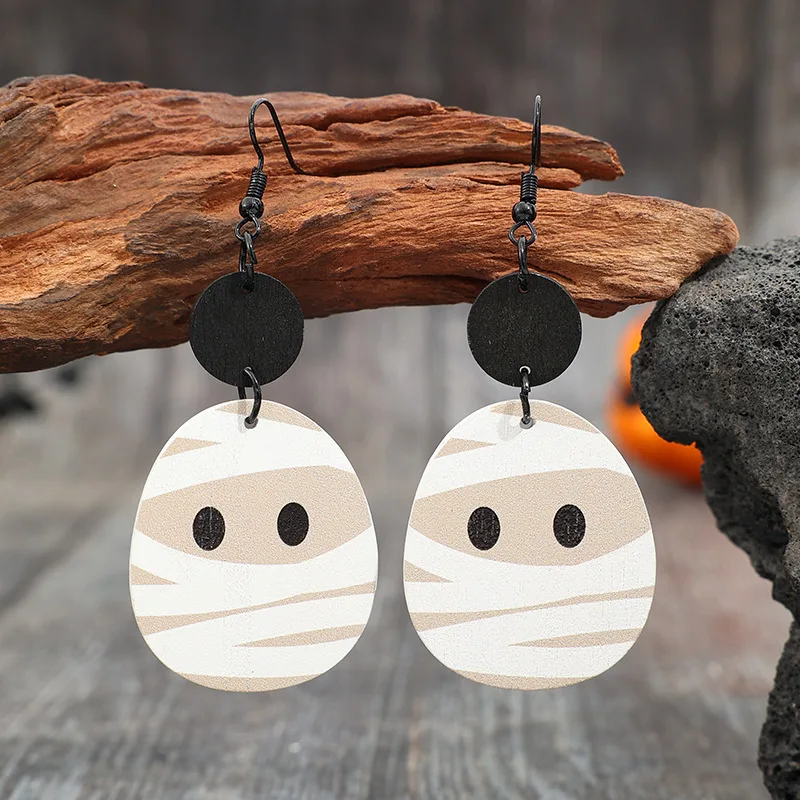 New Arrival Halloween Geometric Print Mummy Wooden Chic Earrings for Women Wholesale