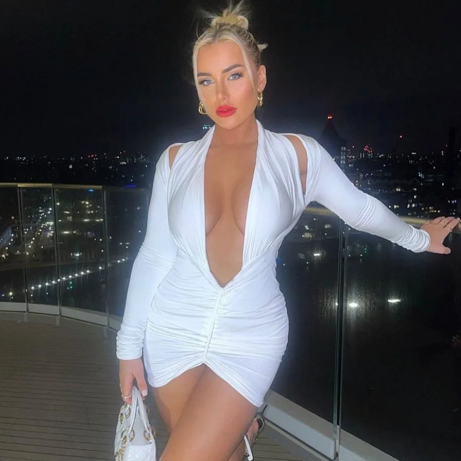 2025 Autumn Women Sexy Bodycon Long Sleeve Halter Deep V Neck Backless Pleated Solid Slim Fit Skinny Dress for Cocktail Party